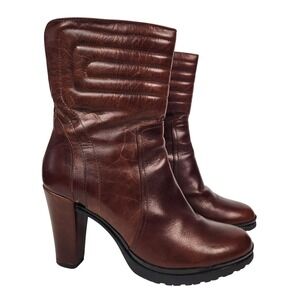 Aquatalia Women's Brown Leather Quilted Mid Calf Boots Block Heel Zip Size‎ 9